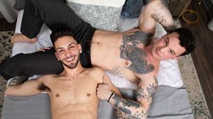 Newcomers Tyler James and Liam Skye are nervous for their first studio scene. The guys got into porn because they love to fuck, and they can't wait to get it on with each other.