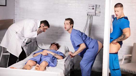 Hospital nurse Clark Delgaty finds a surprise while mopping the floor: a hidden glory hole! He peeks through and sees sexy nurse Benjamin Blue changing into scrubs.