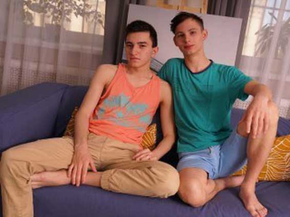 Our two horny twinks, Alpan Stone and Rimi Morty, have been walking the beach checking out hot guys, and they are worked up and ready to fuck. They sit down on the sofa, and kiss passionately.