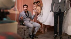 Handsome Brysen and his fiance show up at Joey Mills's tailor shop for a pre-wedding fitting, and Joey thinks Brysen will fit just perfectly in his hole.