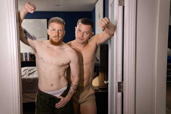 Redhead Stevie Trixx can't find his headset and goes to check in his roommate Johnny Donovan's room. The tguy finds something unexpected under the bed: a toy torso and cock that he just has to try out!