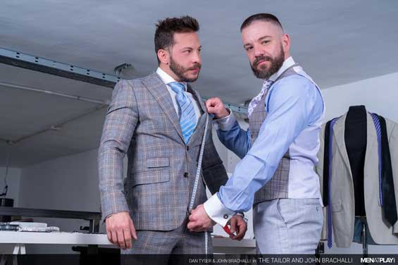Tailor Dan Tyser is working at his atelier waiting for one of his favorite clients, John Brachalli, who ordered two new custom-made suits. While it is not the first time Dan has made suits for John, he asks him to undress and try at least one of the new suits now.