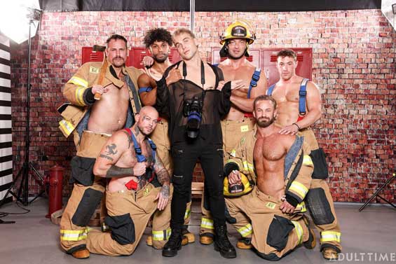 A photographer (Trent Marx) and six firefighters (Sean Duran, Jake Jackson, Tony Genius, Kyle Fletcher, Bruce Jones, Lucca Mazzi) are making a steamy calendar for charity.