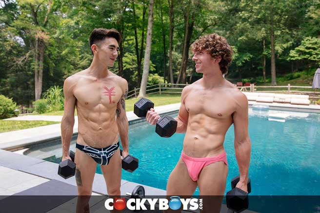 CockyBoys Exclusive Greyson Myles & Cody Seiya have a summer workout for you: a little weight training and lots of sexual cardio and a good dose of protein!