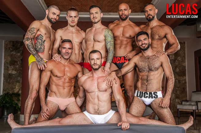 Watch the first installment of a two-part Lucas Entertainment gang bang! Why would the Lucas Men bother going out when eight of the hottest men in gay porn are all under the same roof.