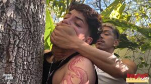 Eddy Blanco and Santo Jorge went out for a little hike and stopped to take a break by a tree. Eddy Blanco set up the camera and went in on Santo Jorge culo! Santo Jorge got on his knees and