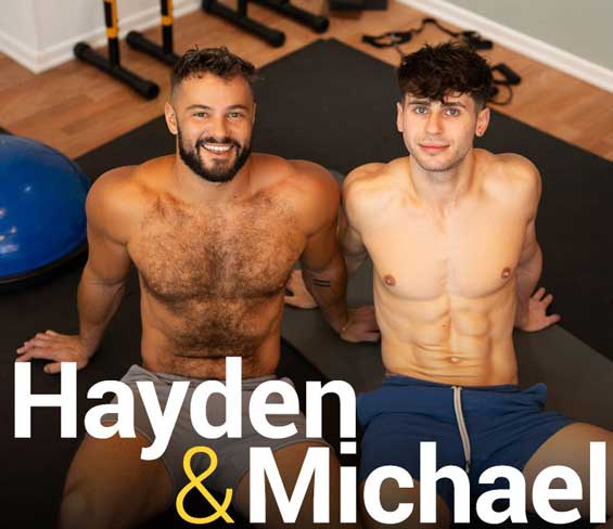 Michael needs some help getting stretched out in the gym, and bearded hunk Hayden is happy to assist. Hayden puts the clean-cut bottom's leg over his shoulder to stretch his tight groin