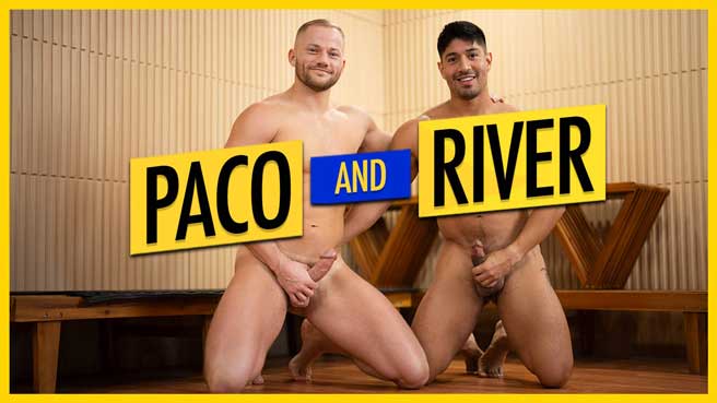 As Paco joins River in the sauna, he lets his towel gape just enough to put his bulge at eye level. The guys start subtly, then not-so-subtly, touching themselves and let their towels drop