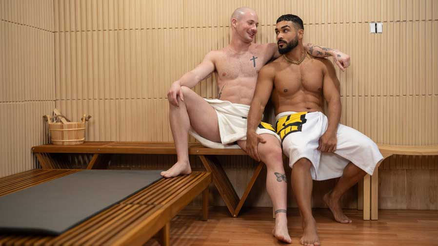 Boyfriends Evan and Diego treat themselves to a sauna after their hard workout. They have the space to themselves and soon start stroking their cocks under their towels!